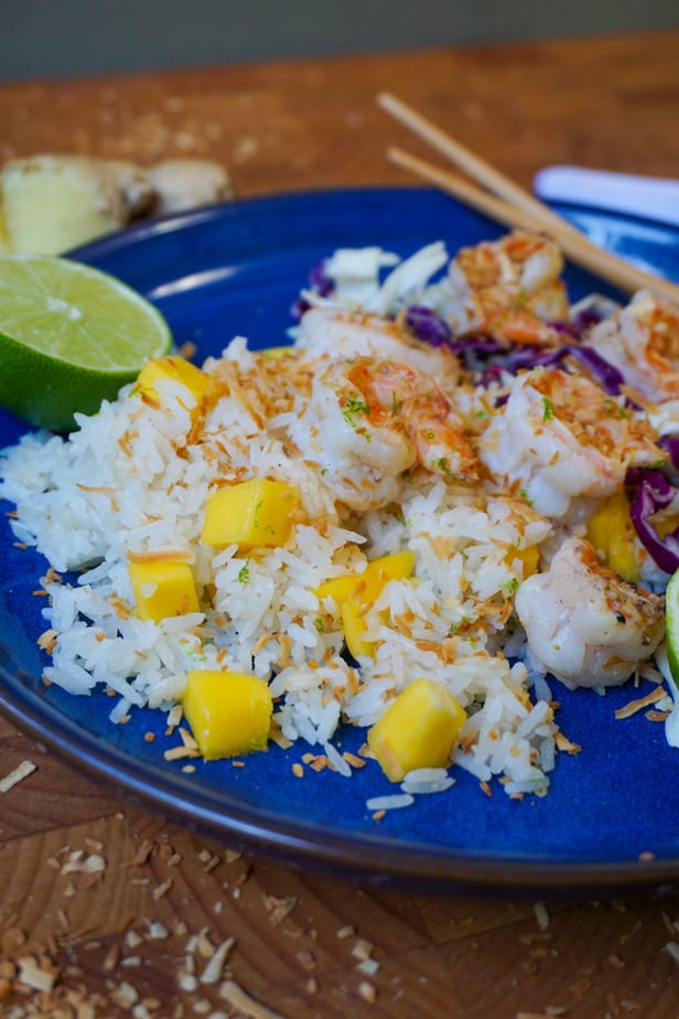 whole 30 coconut lime shrimp with mango coconut rice and cabbage