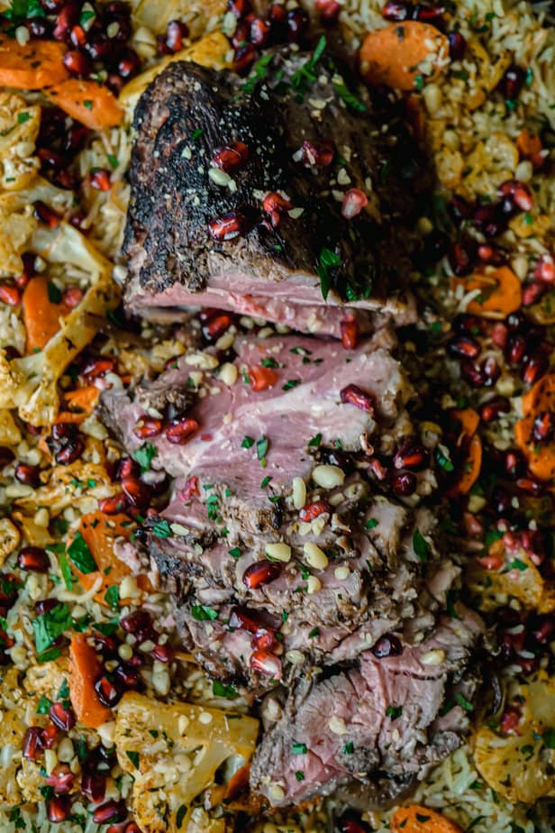 Pomegranate Lamb with vermicelli rice, and roasted vegetables