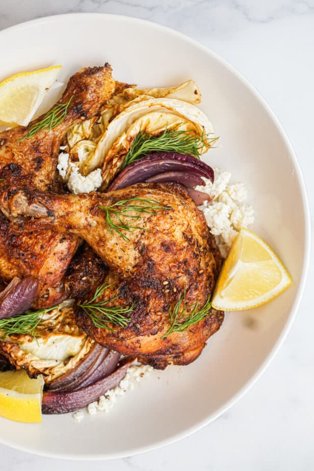 High Protein Low Carb Cookbook Zataar chicken plate with feta and cabbage and red onion